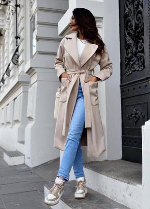Пальто миди на запах с поясом эко кашемир с отложным воротником с карманами бежевое серое элегантное классическое повседневное