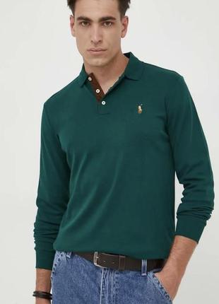 Хлопковый лонгслив polo ralph lauren цвет зелёный однотонный  polo ralph lauren2 фото