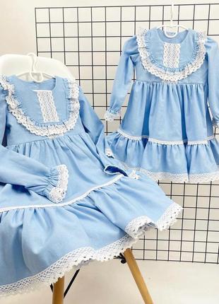 Сукня з льону та мереживом довгий рукав бля дівчаток блакитна7 фото