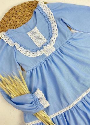 Сукня з льону та мереживом довгий рукав бля дівчаток блакитна8 фото