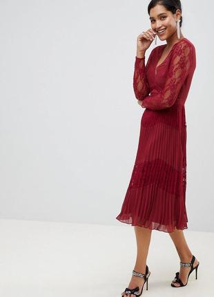 Плиссированное платье миди с длинными рукавами asos design