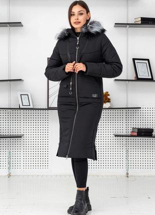 Чорна тепла якісна якісна жіноча зимова парка на еко пуху. безкоштовна доставка