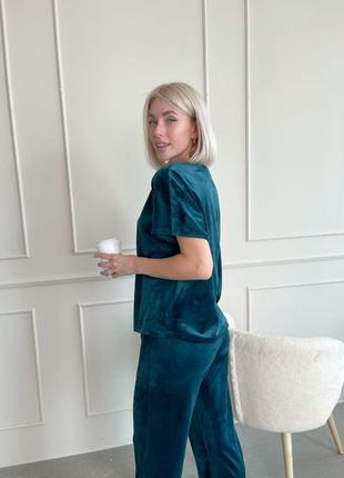 Женский комплект для дома и сна из ткани велюр, пижама тройка (халат, футболка, штаны)8 фото