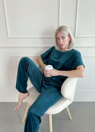 Женский комплект для дома и сна из ткани велюр, пижама тройка (халат, футболка, штаны)6 фото