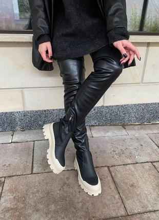 Чорні високі євро зимові ботфорти чоботи панчохи з натуральної шкіри7 фото