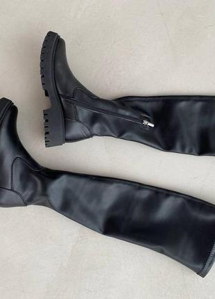 Чорні євро зимові високі ботфорти черевики панчохи з натуральної шкіри7 фото