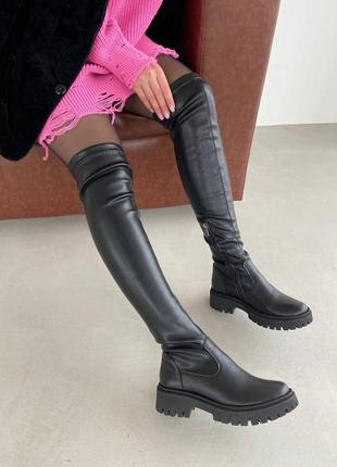 Чорні євро зимові високі ботфорти черевики панчохи з натуральної шкіри