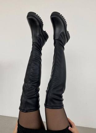 Чорні євро зимові високі ботфорти черевики панчохи з натуральної шкіри8 фото