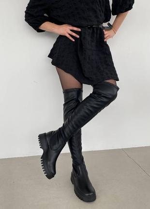 Чорні євро зимові високі ботфорти черевики панчохи з натуральної шкіри6 фото