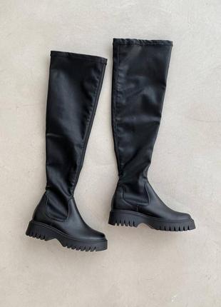Черные евро зимние высокие ботфорты ботинки чулки из натуральной кожи9 фото