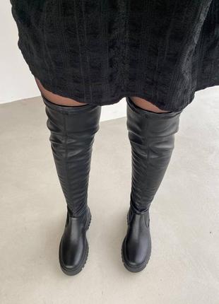 Чорні євро зимові високі ботфорти черевики панчохи з натуральної шкіри10 фото