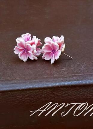 Сережки рожеві квіти, сережки біло рожеві квіти,сережки гвіздки квіти3 фото