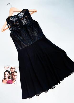 Жіноча вечірня чорна гіпюрова приталена сукня міді з мереживом від бренду ariella,