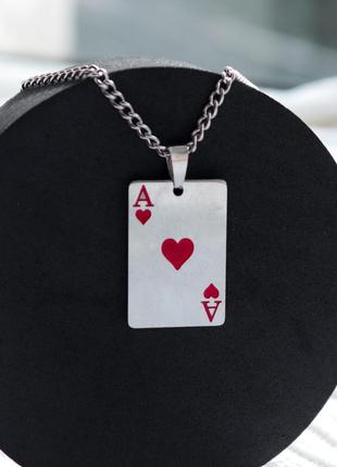 Мужской кулон на шею с цепочкой "красный туз" из нержавеющей стали