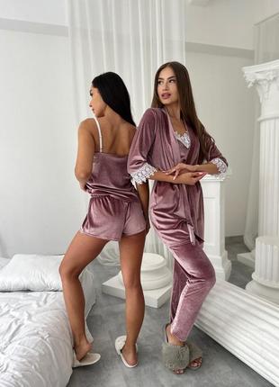 Велюровый пижамный набор четверка, красивый комплект халат и пижама, велюровая пижама майка, брюки и шорты с халатом2 фото