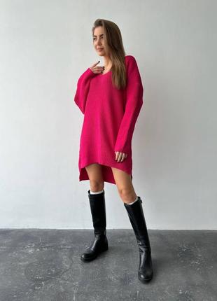 Удлиненный свитер джемпер туника оверсайз бежевый малиновый теплое платье вязаное короткое с v образным вырезом горловины шерсть акрил2 фото