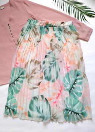 Плиссированная юбка миди пастельный акварельный цветочный принт, плиссе, на подкладке2 фото