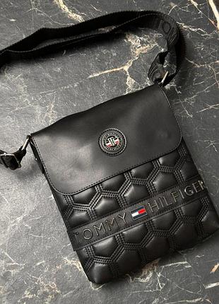 Месенджер шкіряний tommy hilfiger чорні шестикутники якісна барсетка преміум люкс брендова