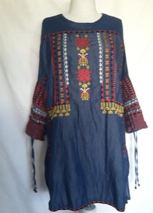 Коттон/ ліоцел джинсова жіноча сукня, плаття натуральна туніка з вишивкою, вишиванка