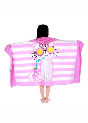 Детское пляжное полотенце с капюшоном пончо ( махра 76 х127 см от 3-12 лет) в бассейн котик
