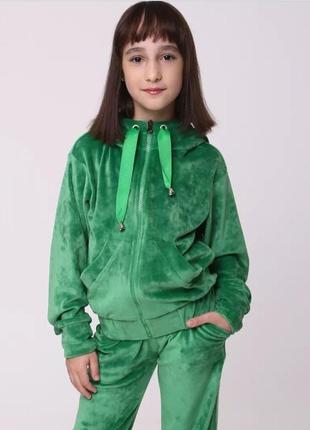 Костюм двойка детский велюровый, толстовка на молнии с двойным капюшоном, штаны, спортивный, зеленый1 фото