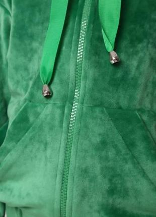 Костюм двойка детский велюровый, толстовка на молнии с двойным капюшоном, штаны, спортивный, зеленый4 фото