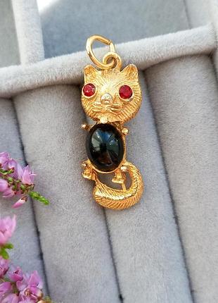 Винтажная подвеска котик, кулон, кот, кристаллы, винтаж