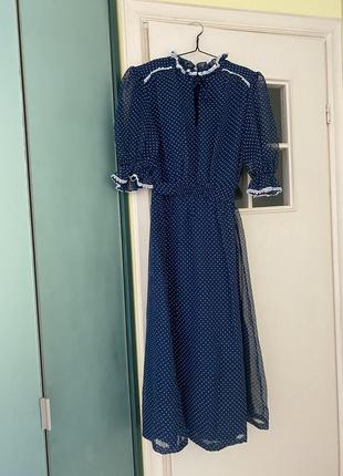 Женское винтажное платье с кружевом в стиле 80-х в горох горошек синяя винтаж в винтажном стиле красивое нарядное3 фото