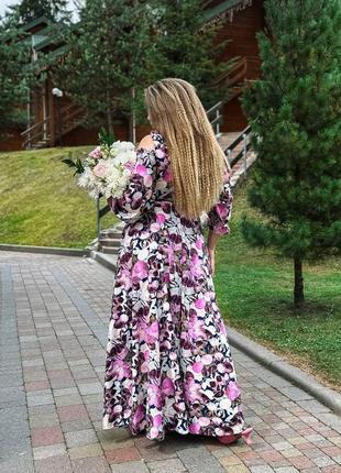 48-70р нарядное праздничное длинное платье на запах батал большие размеры длинный рукав фрез цветы5 фото