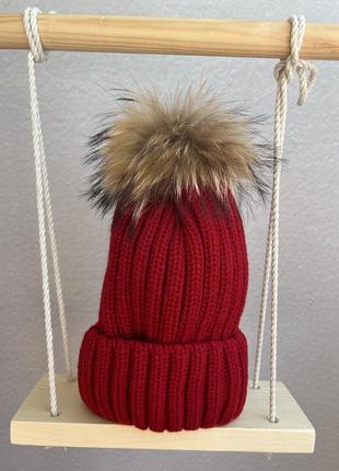 Детская зимняя шапка с натуральным помпоном5 фото
