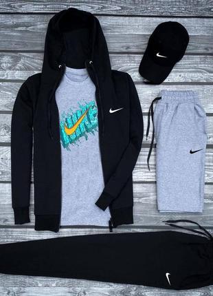 Костюм найк nike кофта зіппер з капюшоном футболка з принтом нашивкою штани на манжетах комплект чорний білий