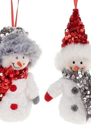 Новогодняя подвесная игрушка снеговик 15см, 2 дизайна новорічна підвісна іграшка сніговик 15см1 фото