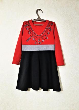 Тепла сукня демі-зима на дівчинку 5-6років трикотажне чорно-сіро-червоне довгі рукави2 фото
