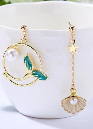 Очень красивые модные асимметричные необычные серьги  кольца жемчуг морской стиль
