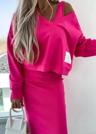 Комплект миди платье-майка по фигуре оверсайз кофта свитшот костюм стильный розовый бежевый черный оранжевый9 фото