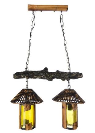 Люстра стельова дерев'яна підвісна кантрі на 2 плафона у вітальню bkl-818s/2 e27