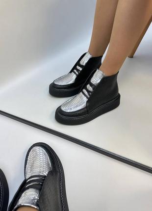 Кожаные женские ботинки на шнуровке высокие лоферы из натуральной кожи3 фото