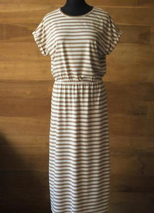 Полосатое бежевое летнее платье миди женское h&amp;m, размер m1 фото