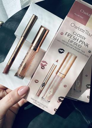 Charlotte tilbury mini glossy pink lip gloss + lip liner set набір олівця для губ та блиску pillow talk та refresh rose