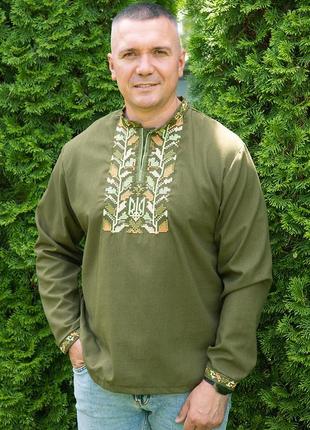 Качественная мужская вышиванка льняная в стиле милитари/military вышиванка/вышитая рубашка, традиционная одежда1 фото