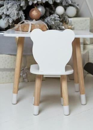 Столик прямоугольный и стульчик детский медвежонок, белый, дерево. (277712)