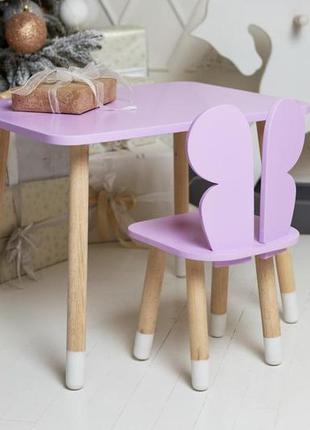 Столик прямоугольный и стульчик детская бабочка, фиолетовая, дерево. (288552)3 фото