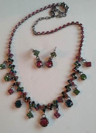 Набор украшений, серьги и ожерелье,  камни зеленые, салатовые, малиновые1 фото