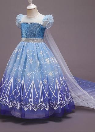 Платье принцессы эльзы с коротким рукавом и шлейфом, голубое2 фото