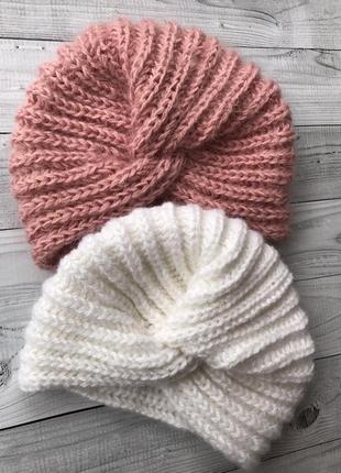 Чалма зимняя , шапочка чалма, розовая белая шапочка тюрбан1 фото