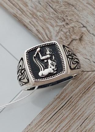 Перстень из серебра мужской знак зодиака водолей с черной эмалью массивный4 фото