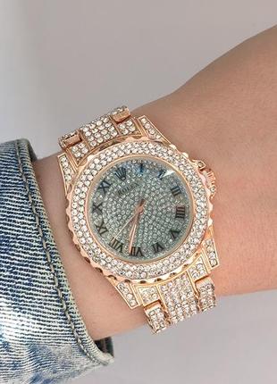 Стильний жіночий наручний годинник на сталевому браслеті, весь в камінцях, рожеве золото, сріблястий2 фото