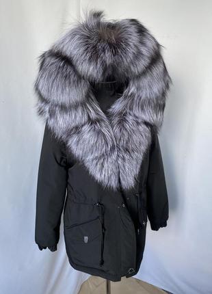 Жіноча зимова парка, куртка чорна з хутром фінської чорнобурки, шаль, розміри 42-60