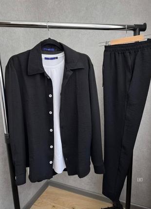Льняний чоловічий костюм штани+сорочка жатка чорний3 фото
