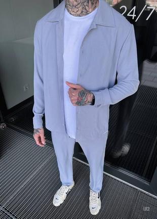 Льняний чоловічий костюм штани+сорочка жатка сірий2 фото